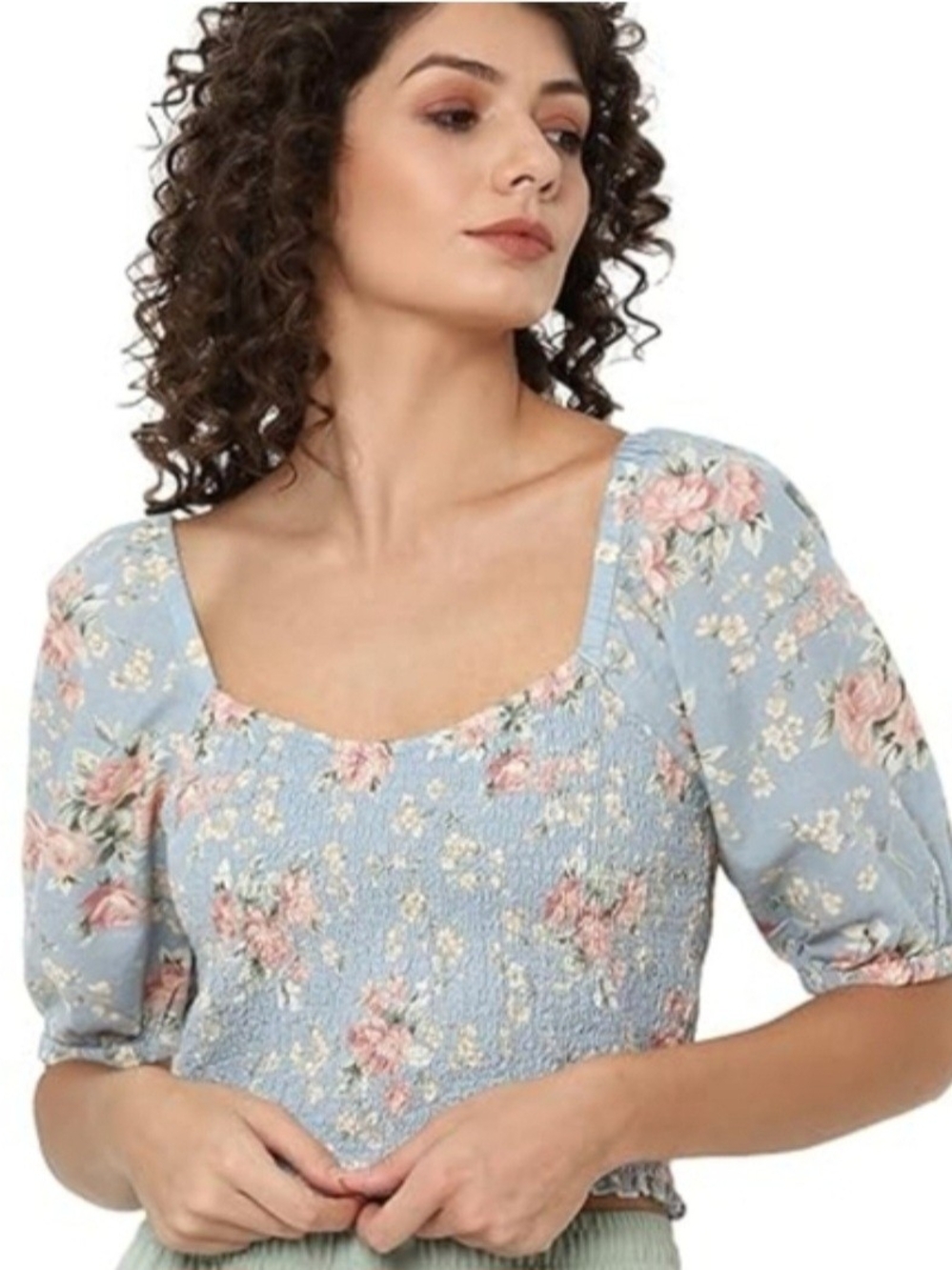 American Eagle Outfitters Light Blue Floral Smocked Square-Neck Crop Top